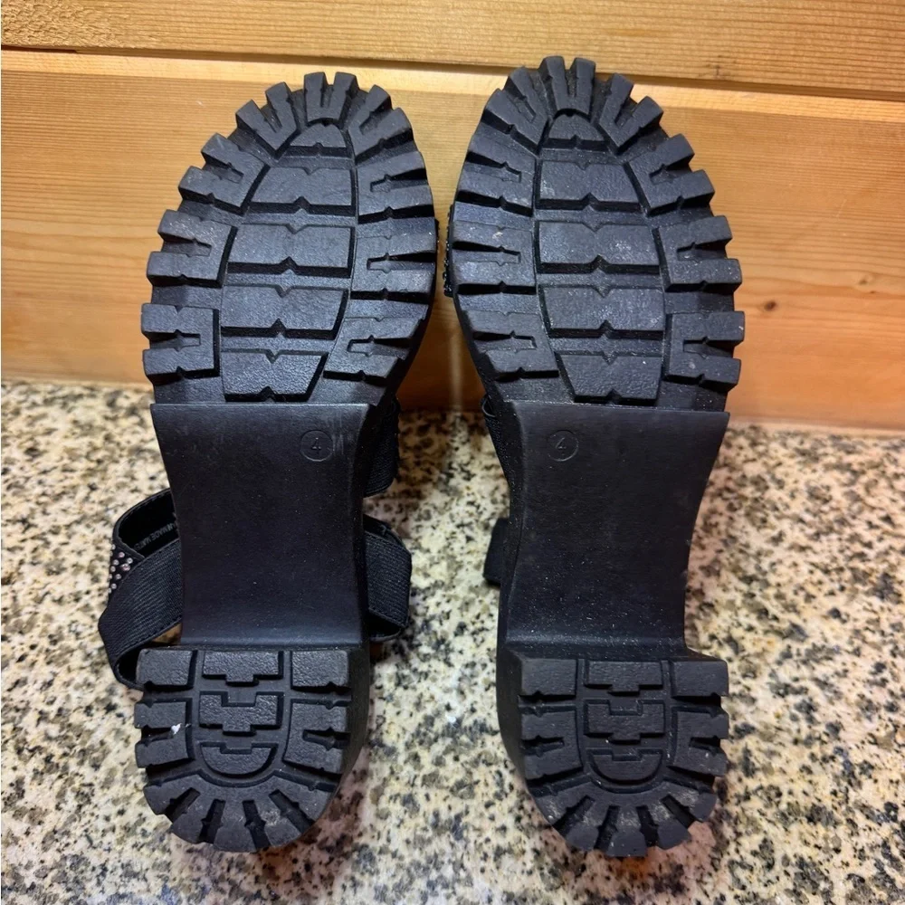 I.D. Required‎ Black Rhinestone Platform Sandals Lug Sole Block Heel Size 4 Mens